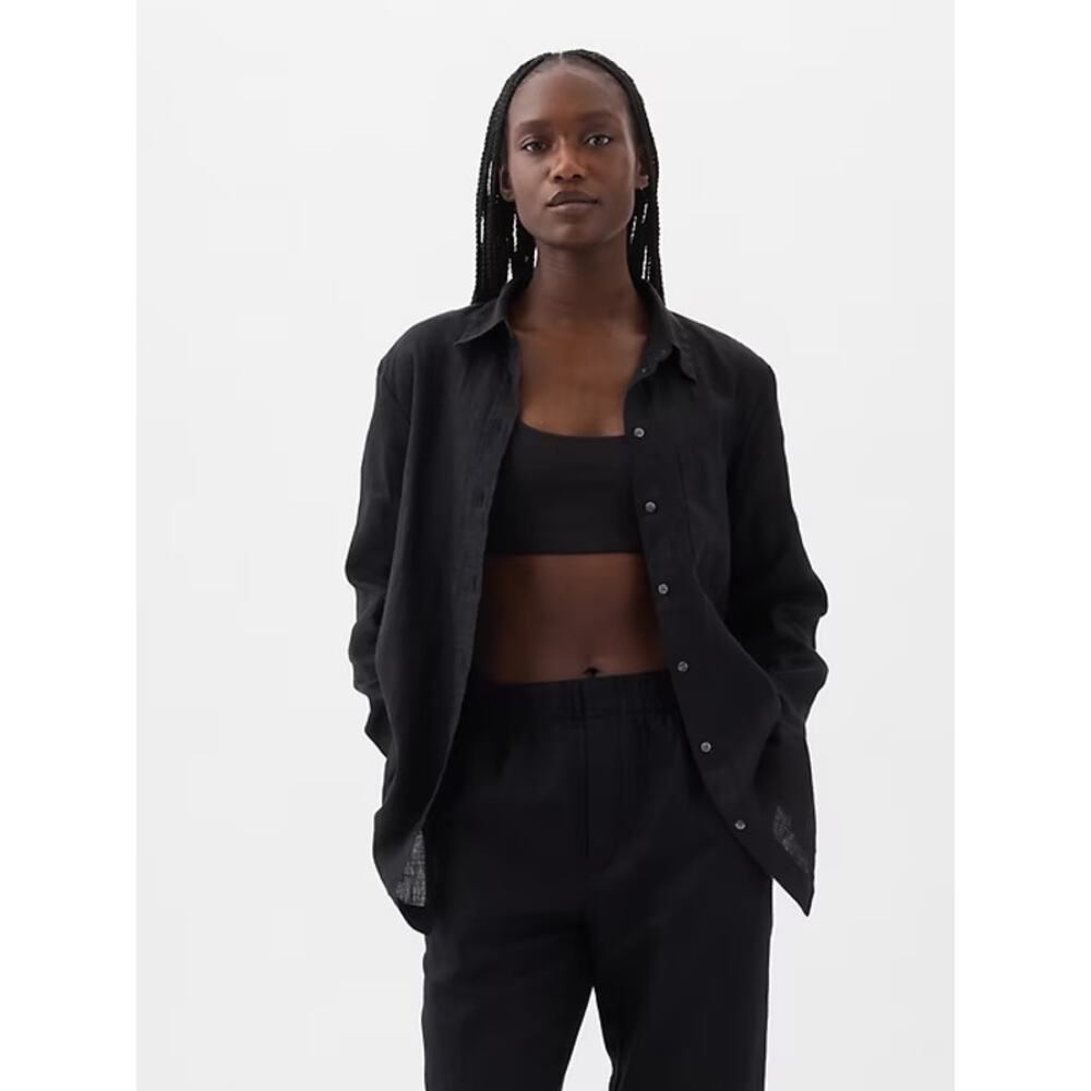 Stark X | XS | 100% Linen Black Harper Top Shirt Blouse Button Up Collared Long